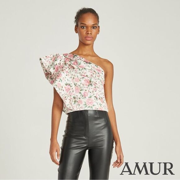 AMUR **NWT** Jasmine One-Shoulder Ruffle Top in Eggshell Pink Floral - Picture 6 of 14